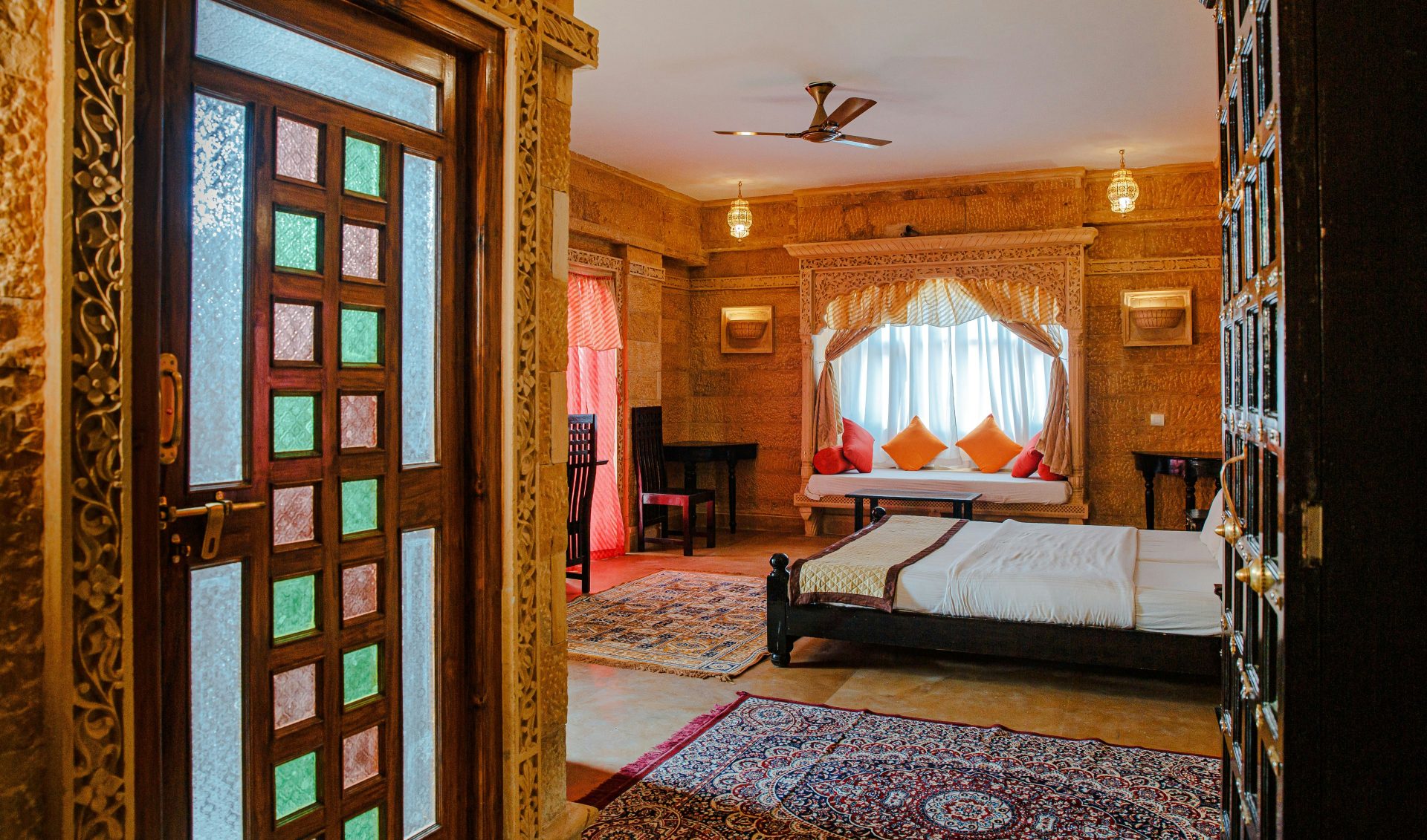 a bedroom with a large bed